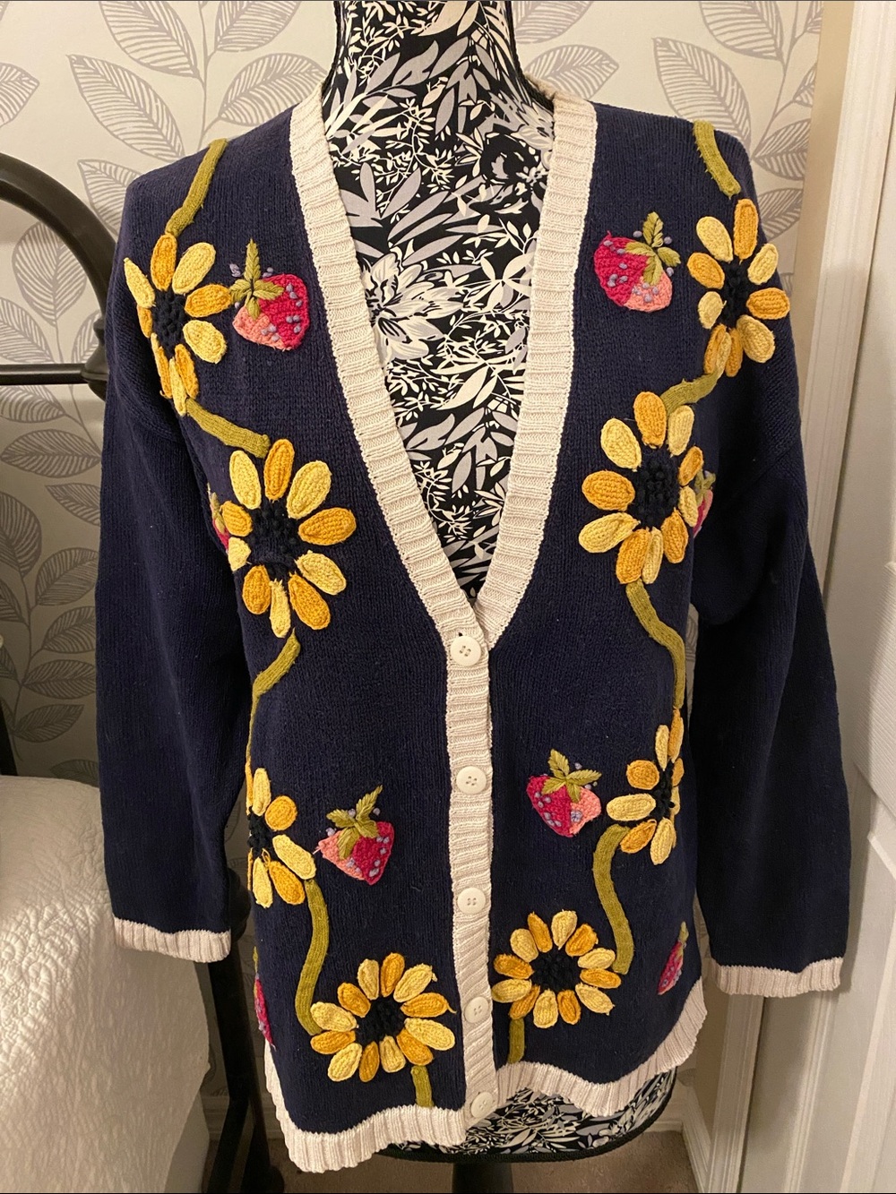 Vintage Lucia Petites ramie & cotton navy blue cardigan with embroidered detail